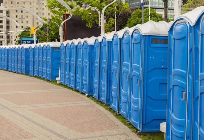 a row of portable restrooms at a trade show, catering to visitors with a professional and comfortable experience in Dania Beach, FL